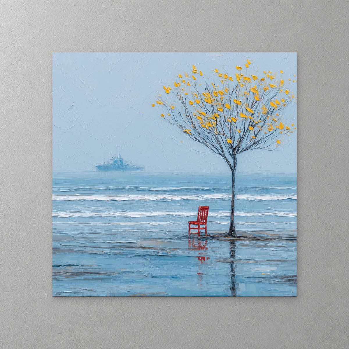 A red chair sits by a yellow-leaved tree at the shoreline, looking out over a pale blue sea toward a distant ship — canvas wall art print