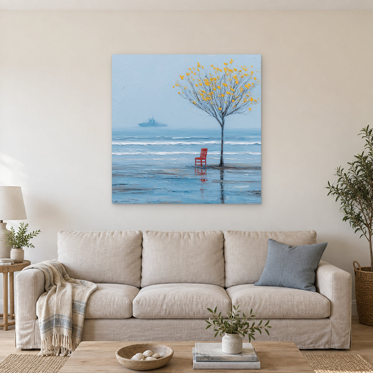 A Red Chair by the Sea canvas wall art above a linen sofa with a blue cushion in a bright living room