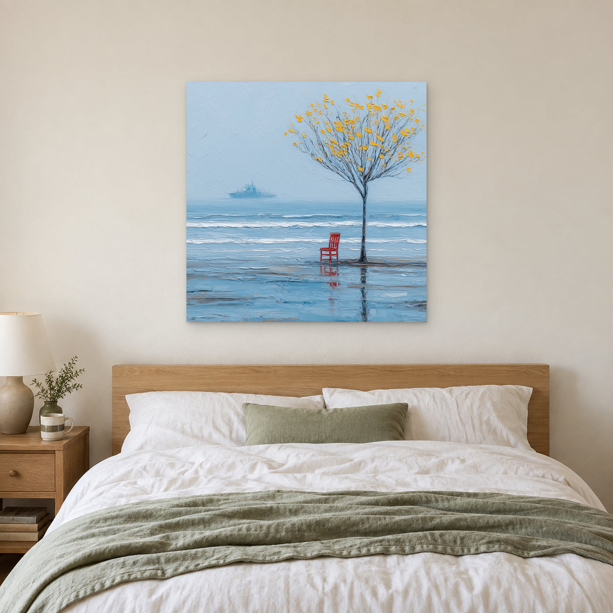 A Red Chair by the Sea canvas wall art above a bed with white linens and a sage throw