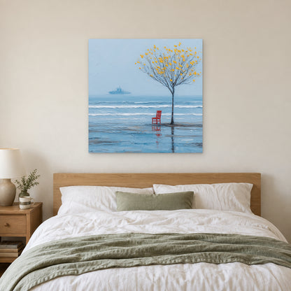 A Red Chair by the Sea canvas wall art above a bed with white linens and a sage throw