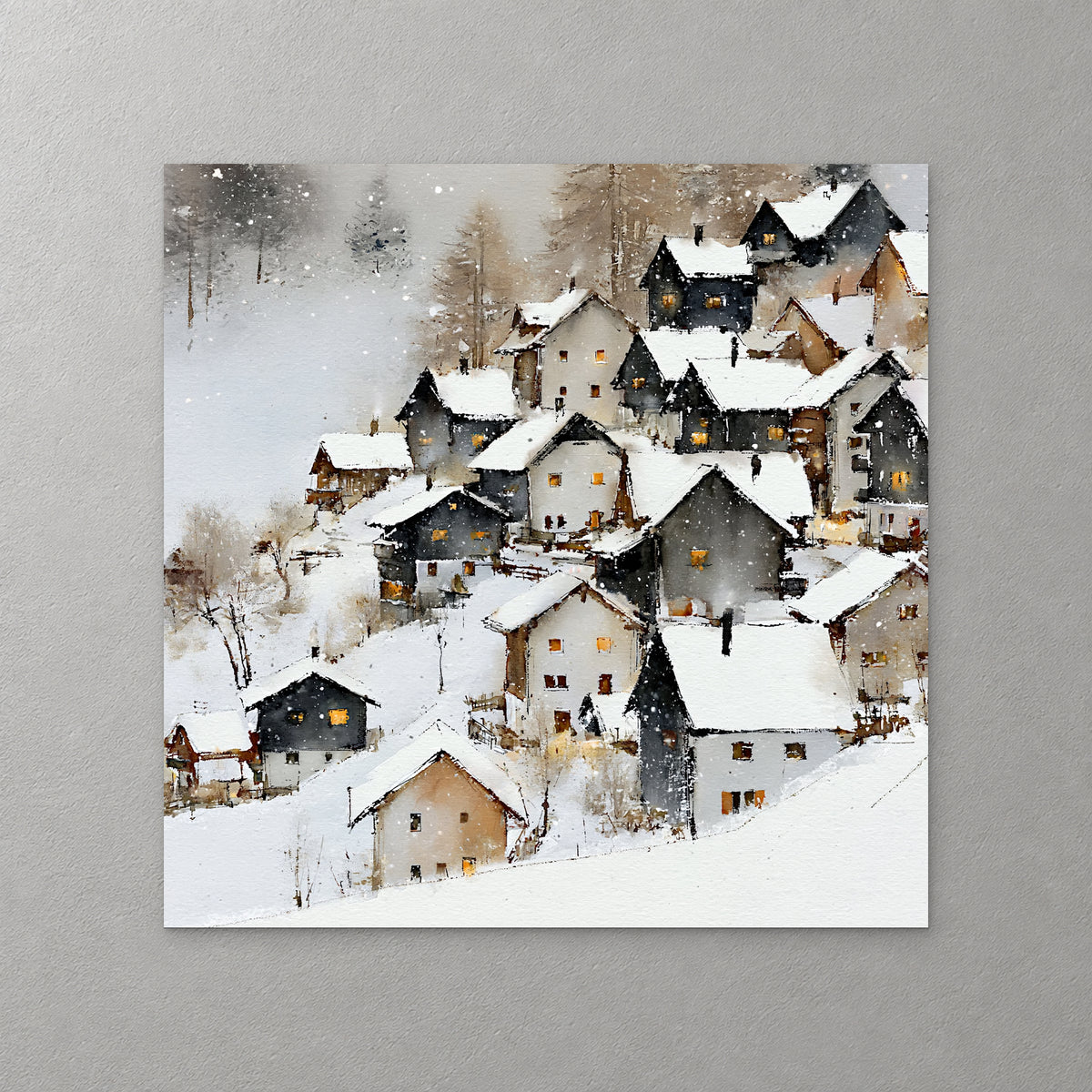 Dark and white alpine chalets pack a snowy slope under heavy snow, their small windows glowing warm — canvas wall art print