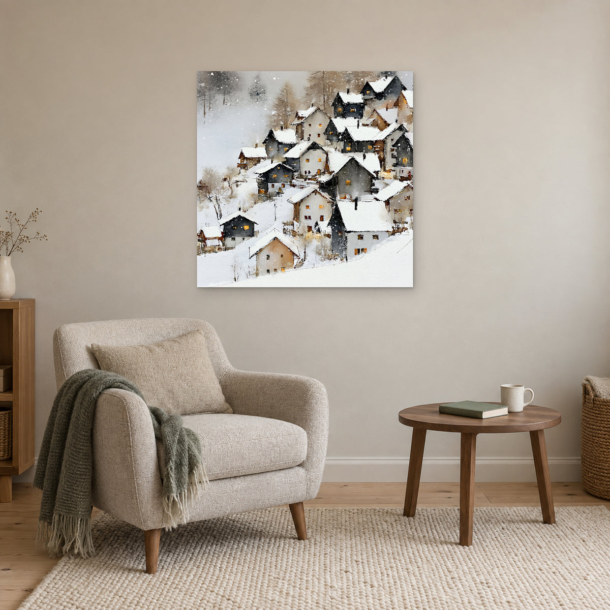 Alpine Chalets in Heavy Snow canvas wall art above a cream armchair and round wooden side table
