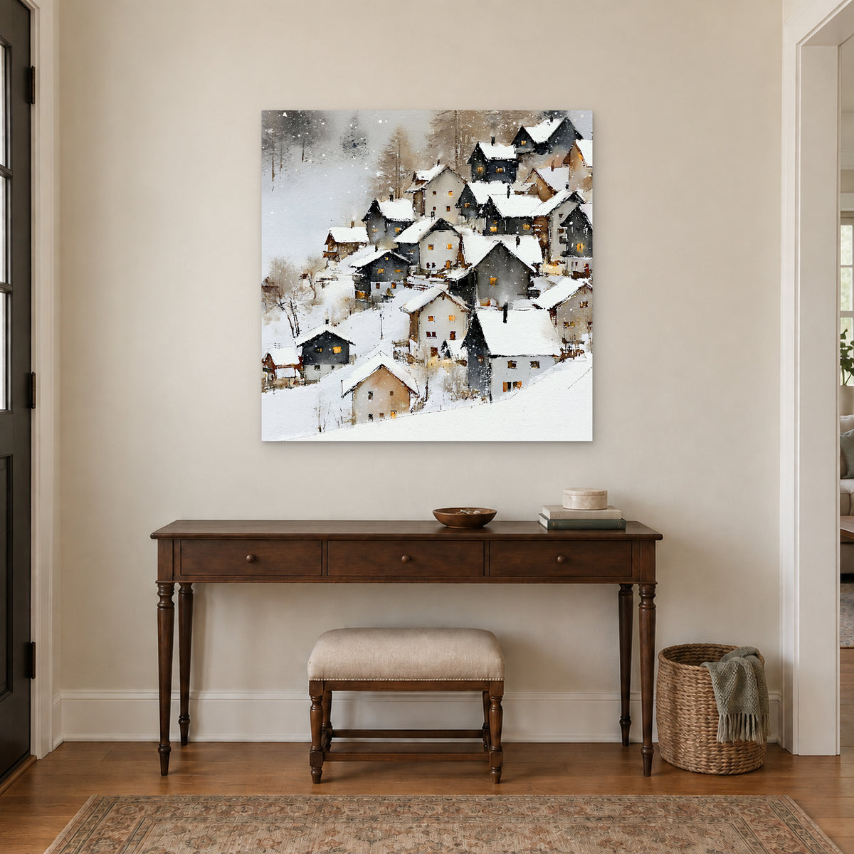 Alpine Chalets in Heavy Snow canvas wall art above a dark wood console table and upholstered bench in an entryway