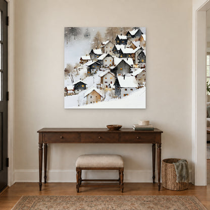 Alpine Chalets in Heavy Snow canvas wall art above a dark wood console table and upholstered bench in an entryway