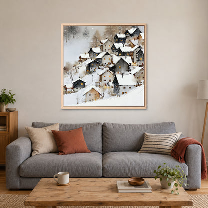 Alpine Chalets in Heavy Snow framed canvas in a natural wood floating frame above a grey sofa with rust and striped cushions
