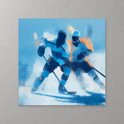 Two hockey players in blue and orange sweaters chase the puck across white ice under a pale sky-blue background — canvas wall art print