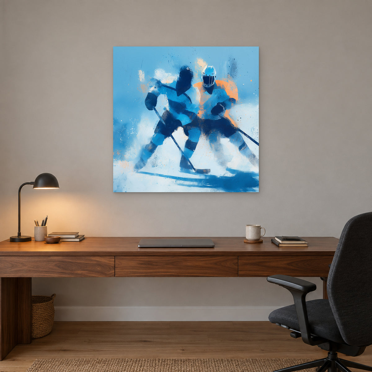 Hockey Chasing the Puck canvas wall art above a walnut desk with a brass lamp in a home office