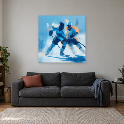 Hockey Chasing the Puck canvas wall art above a charcoal sofa with a rust cushion