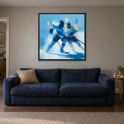 Hockey Chasing the Puck framed canvas in a black floating frame above a navy sofa