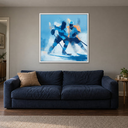 Hockey Chasing the Puck framed canvas in a white floating frame above a navy sofa