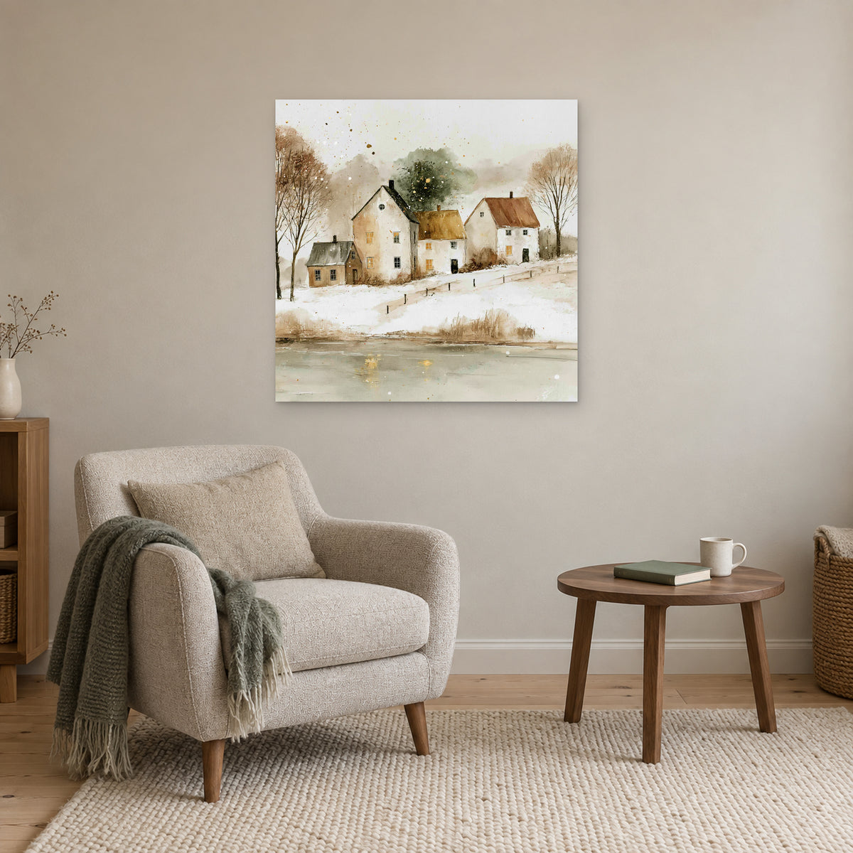 Farmhouses Above the Frozen Pond canvas wall art above a cream armchair and round wooden side table