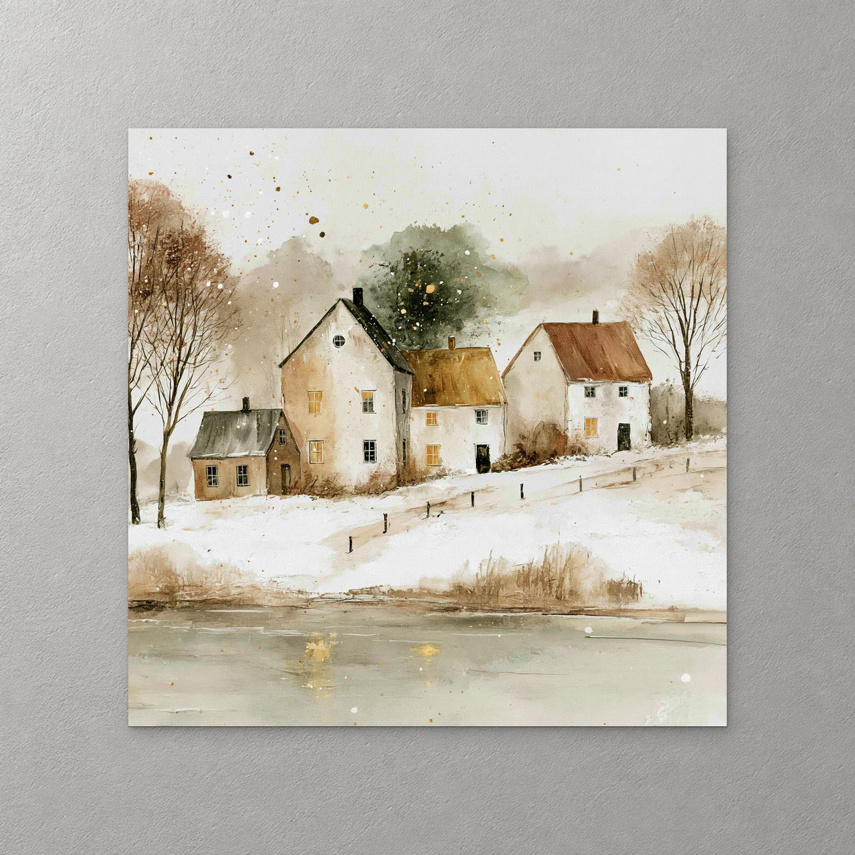 A tall white farmhouse with a round attic window stands between a grey outbuilding and a brown-roofed house above a frozen pond, with bare trees and gold flecks — canvas wall art print