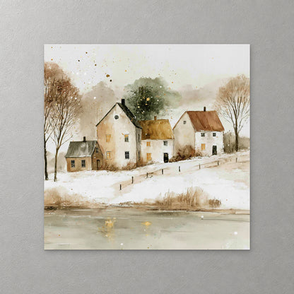 A tall white farmhouse with a round attic window stands between a grey outbuilding and a brown-roofed house above a frozen pond, with bare trees and gold flecks — canvas wall art print