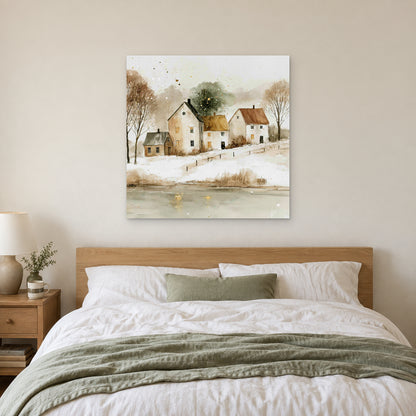 Farmhouses Above the Frozen Pond canvas wall art above a bed with white linens and a sage throw