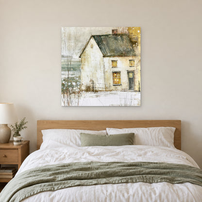 A Single Lit Farmhouse canvas wall art above a bed with white linens and a sage throw