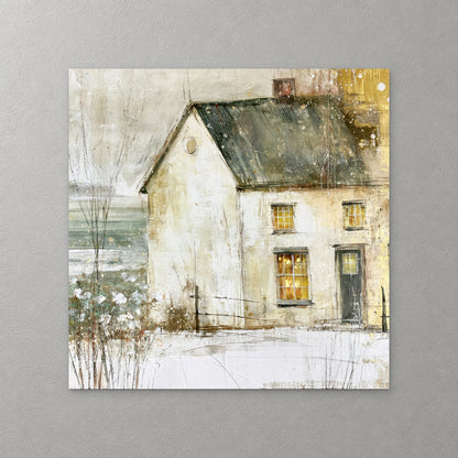 A single white farmhouse with a dark roof and lit windows sits alone in the snow above a soft sage sea — canvas wall art print
