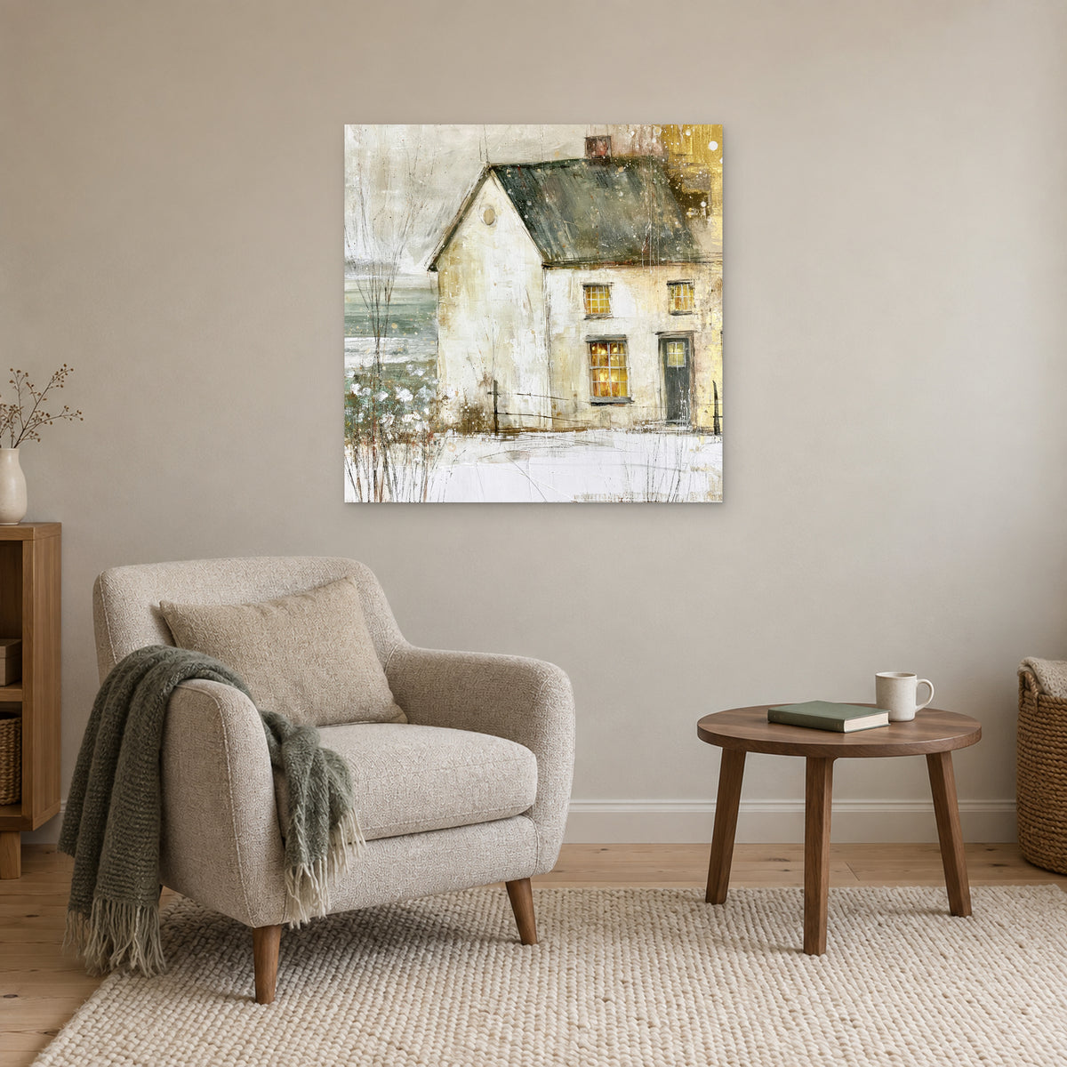 A Single Lit Farmhouse canvas wall art above a cream armchair and round wooden side table