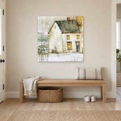A Single Lit Farmhouse canvas wall art above a wooden entryway bench with a woven basket