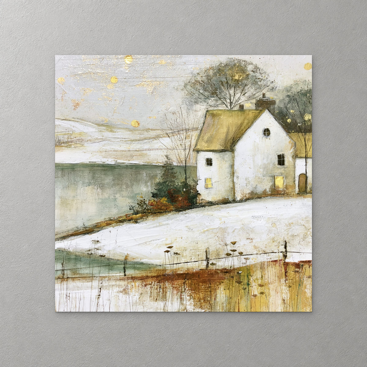 A white farmhouse with an ochre roof sits above a sage frozen lake, with rust grasses below and gold flecks falling across the scene — canvas wall art print