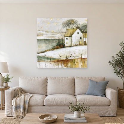Gold Flecks Over a Frozen Lake canvas wall art above a linen sofa with a blue cushion in a bright living room