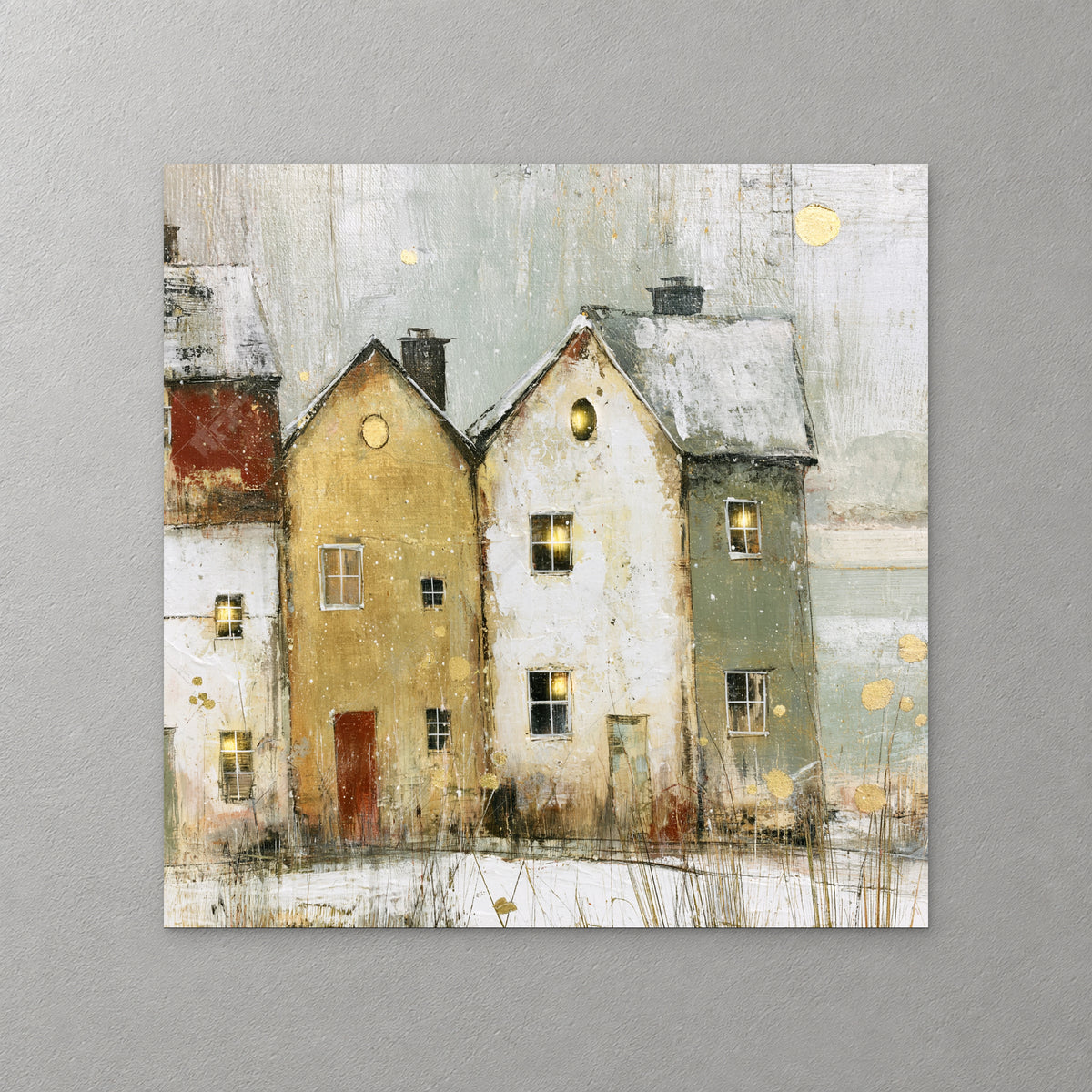 Ochre, sage and white gabled houses with round attic windows stand in the snow, one with a red door — canvas wall art print