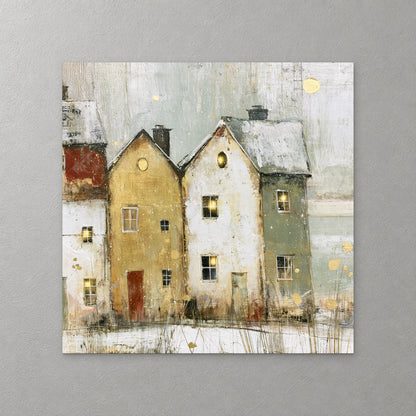 Ochre, sage and white gabled houses with round attic windows stand in the snow, one with a red door — canvas wall art print