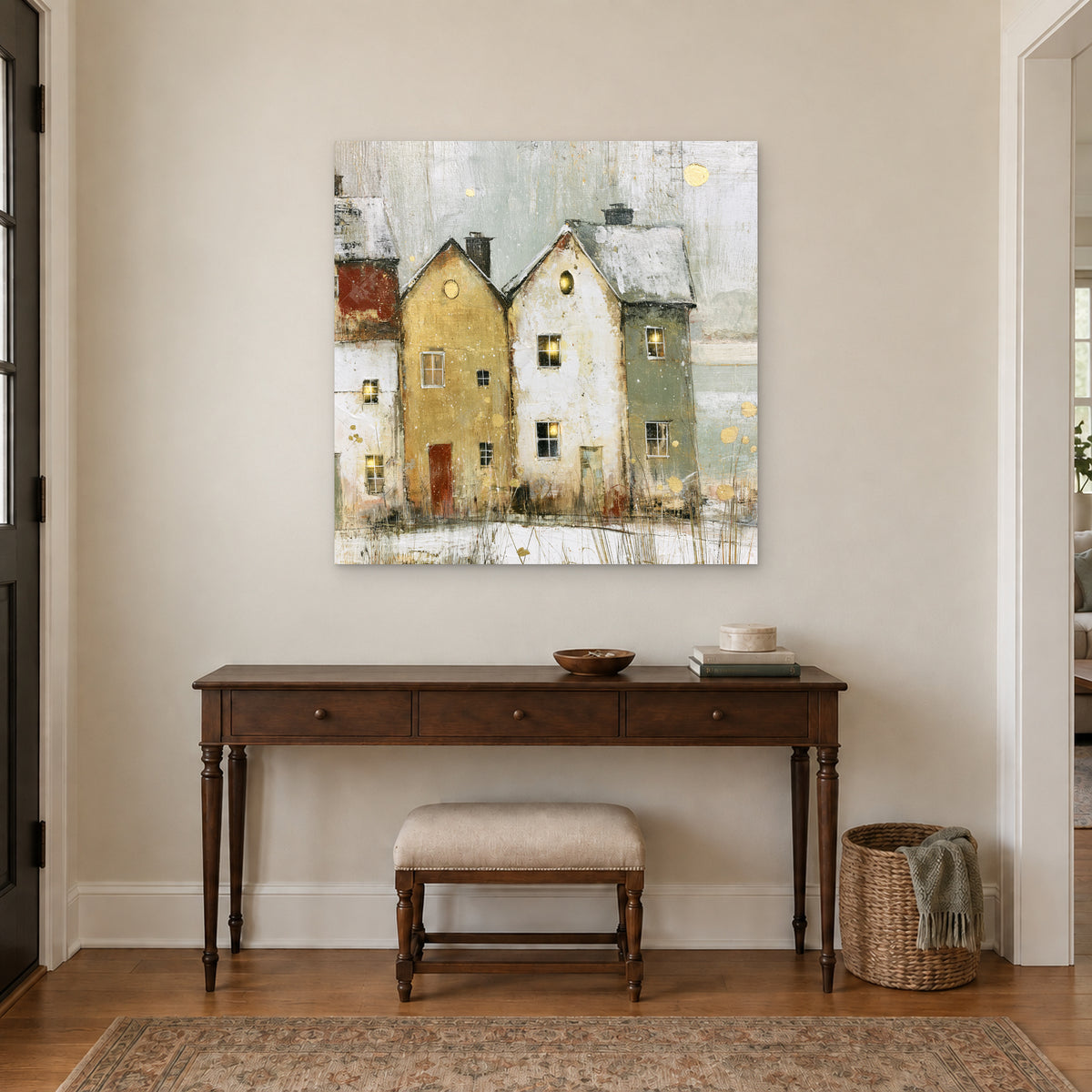 Two Gables Round Attic Windows canvas wall art above a dark wood console table and upholstered bench in an entryway