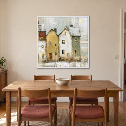 Two Gables Round Attic Windows framed canvas in a white floating frame above a wooden dining table with rust-cushioned chairs