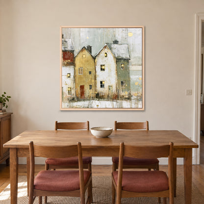Two Gables Round Attic Windows framed canvas in a natural wood floating frame above a wooden dining table with rust-cushioned chairs