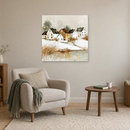 Farmhouse Row Above the Pond canvas wall art above a cream armchair and round wooden side table