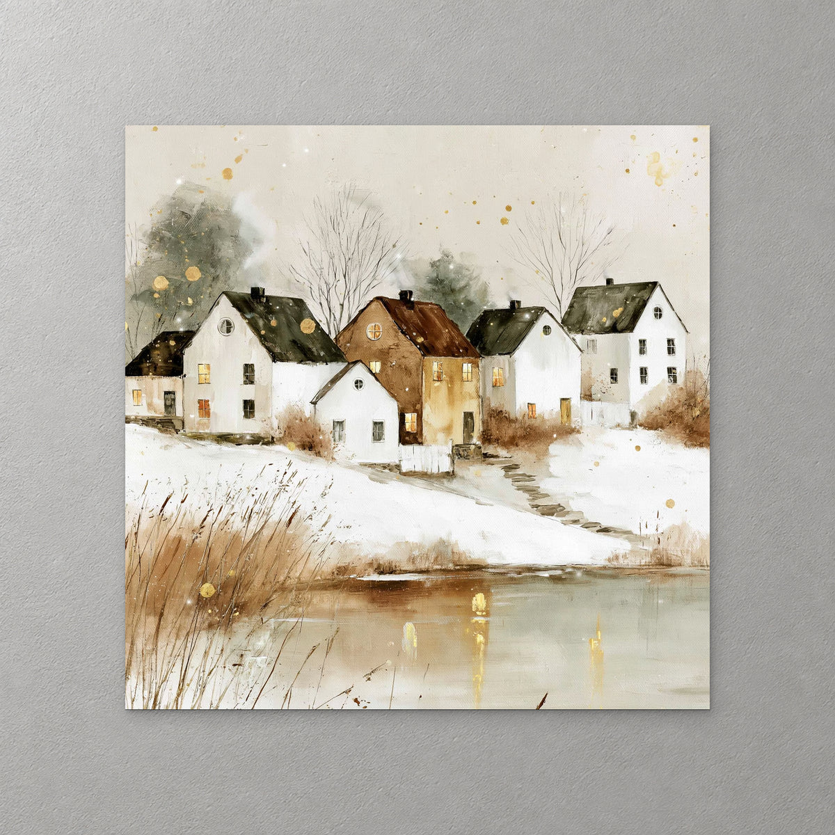 A row of white and brown farmhouses sits above a frozen pond, with rust reeds in the foreground and gold flecks across the sky — canvas wall art print