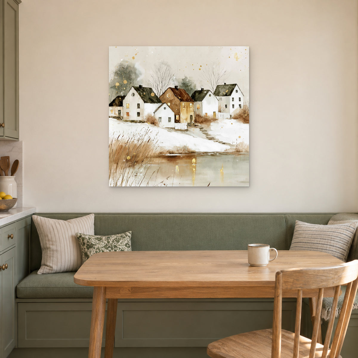 Farmhouse Row Above the Pond canvas wall art above a green banquette and wooden table in a breakfast nook
