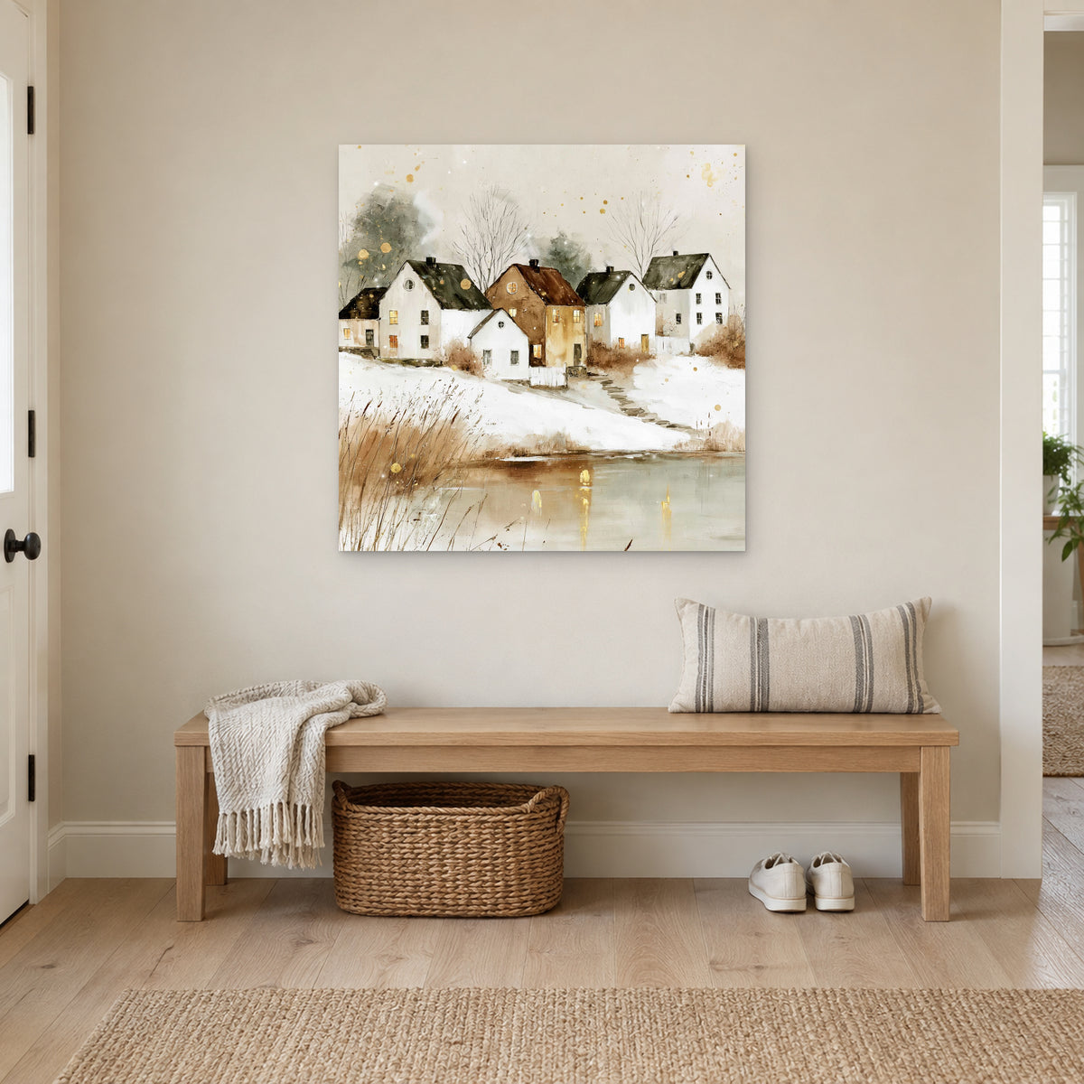 Farmhouse Row Above the Pond canvas wall art above a wooden entryway bench with a woven basket