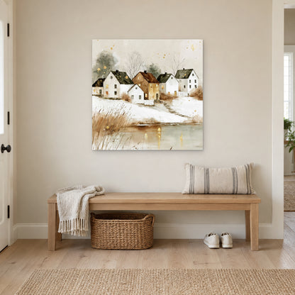 Farmhouse Row Above the Pond canvas wall art above a wooden entryway bench with a woven basket