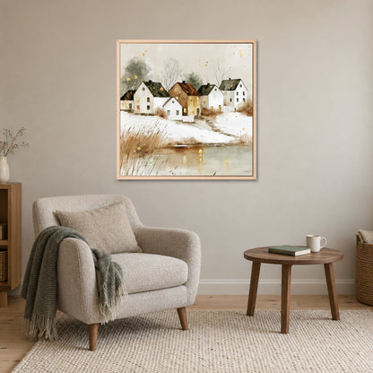 Farmhouse Row Above the Pond framed canvas in a natural wood floating frame above a cream armchair and round wooden side table