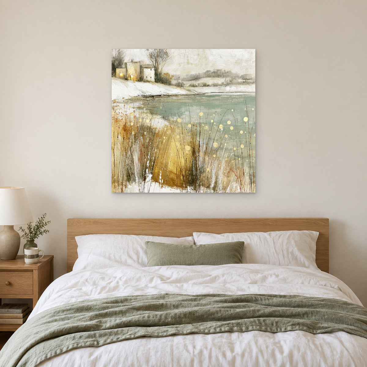 Winter Grasses and a Distant Farmhouse canvas wall art above a bed with white linens and a sage throw