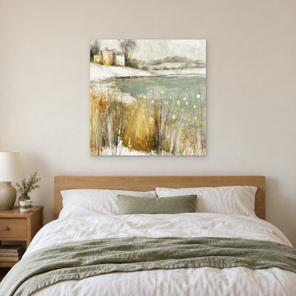 Winter Grasses and a Distant Farmhouse canvas wall art above a bed with white linens and a sage throw