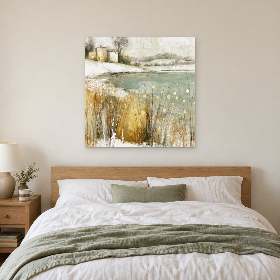 Winter Grasses and a Distant Farmhouse canvas wall art above a bed with white linens and a sage throw