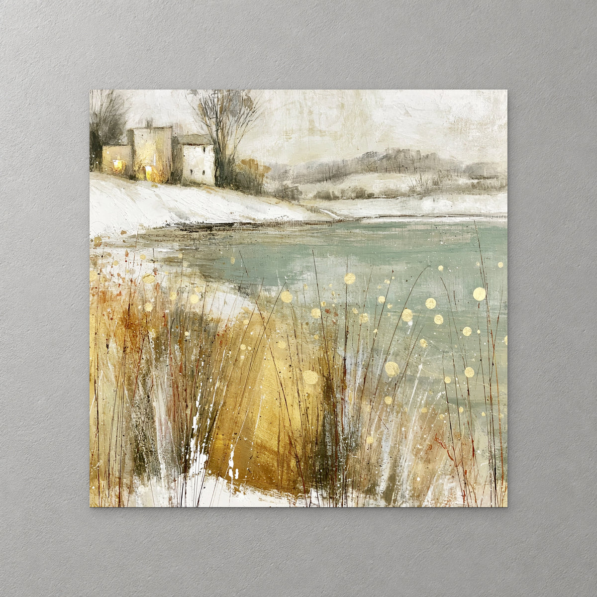 Tall ochre winter grasses fill the foreground above sage water, with a small farmhouse on the far shore — canvas wall art print