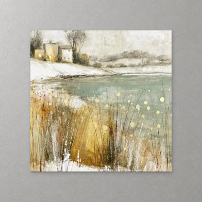 Tall ochre winter grasses fill the foreground above sage water, with a small farmhouse on the far shore — canvas wall art print