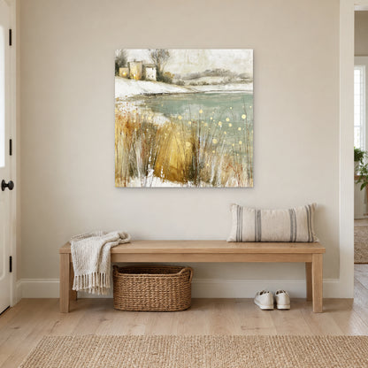 Winter Grasses and a Distant Farmhouse canvas wall art above a wooden entryway bench with a woven basket