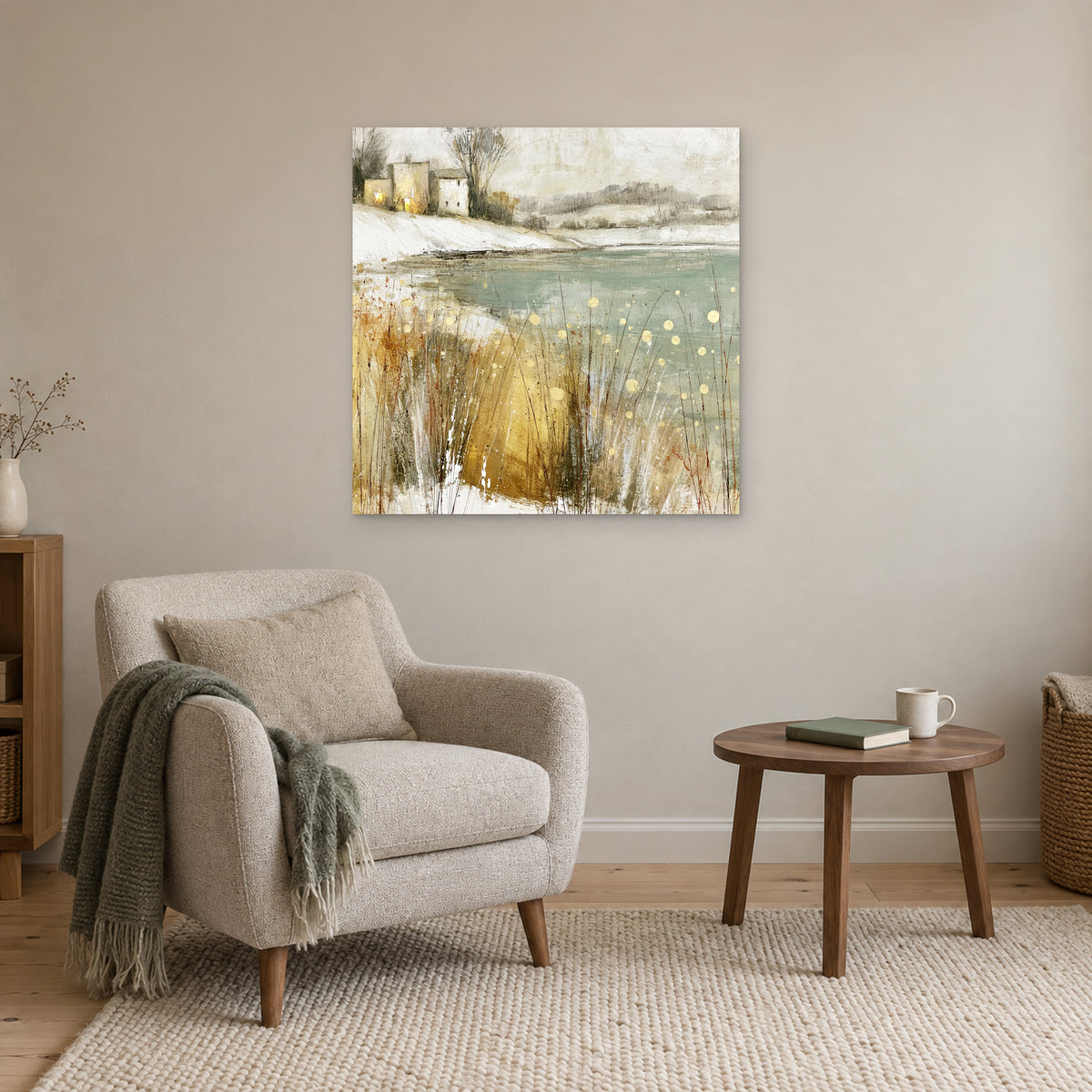 Winter Grasses and a Distant Farmhouse canvas wall art above a cream armchair and round wooden side table