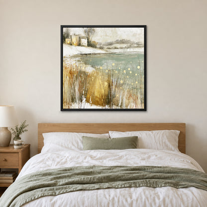 Winter Grasses and a Distant Farmhouse framed canvas in a black floating frame above a bed with white linens and a sage throw