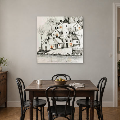 String Lights Over the Rooftops canvas wall art above a small wooden dining table with black bentwood chairs