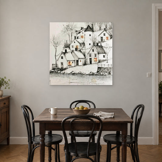 String Lights Over the Rooftops canvas wall art above a small wooden dining table with black bentwood chairs