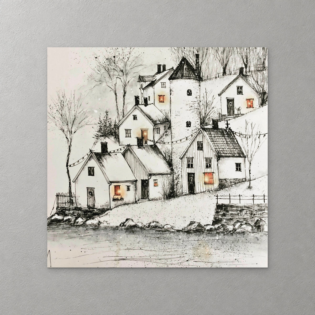 White houses with lit windows are strung with festive lights across the rooftops, drawn in loose black ink — canvas wall art print