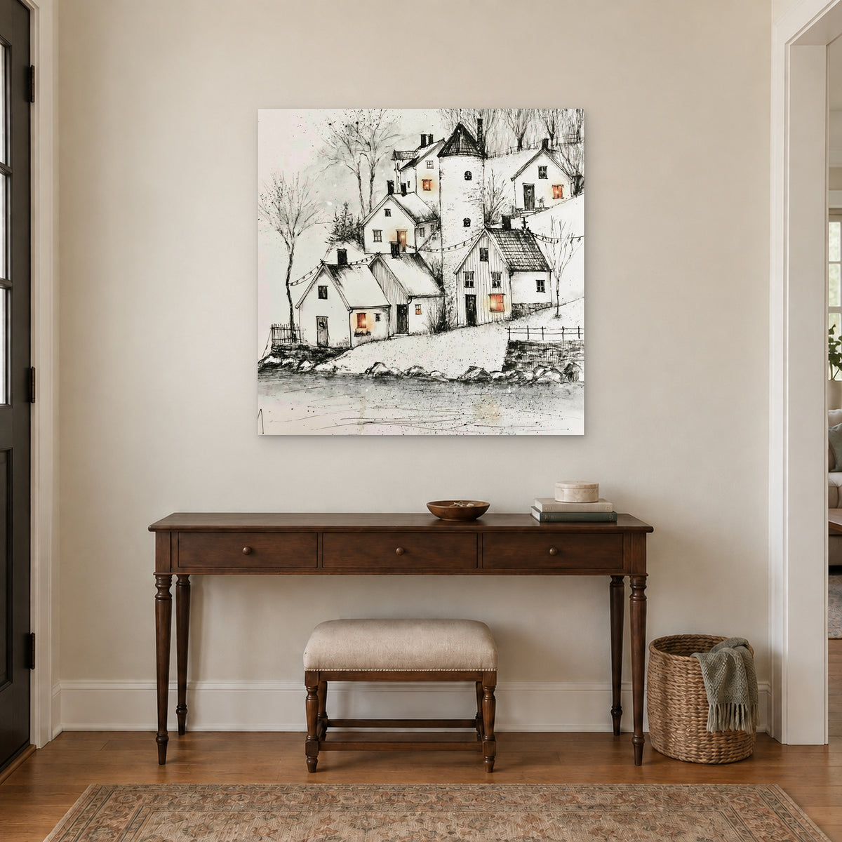 String Lights Over the Rooftops canvas wall art above a dark wood console table and upholstered bench in an entryway