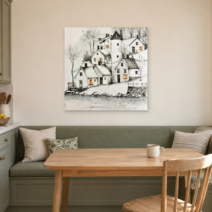 String Lights Over the Rooftops canvas wall art above a green banquette and wooden table in a breakfast nook