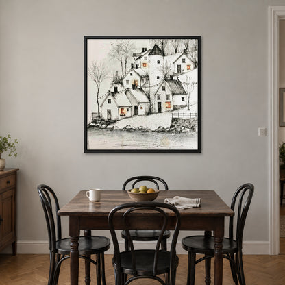 String Lights Over the Rooftops framed canvas in a black floating frame above a small wooden dining table with black bentwood chairs