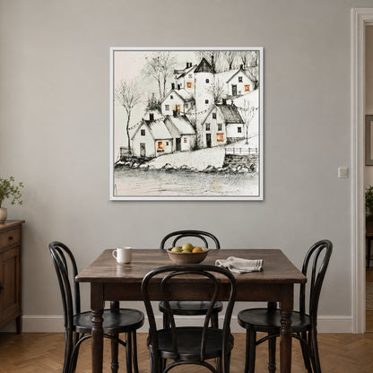 String Lights Over the Rooftops framed canvas in a white floating frame above a small wooden dining table with black bentwood chairs